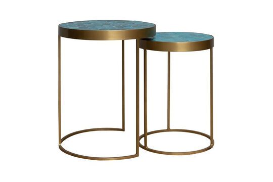 Lot de 2 tables d'appoint en céramique bleu et or Praia Détouré