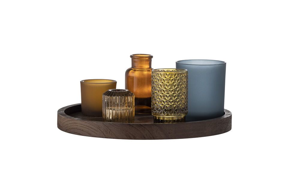 Plateau marron avec bougeoirs en verre Sanga Bloomingville